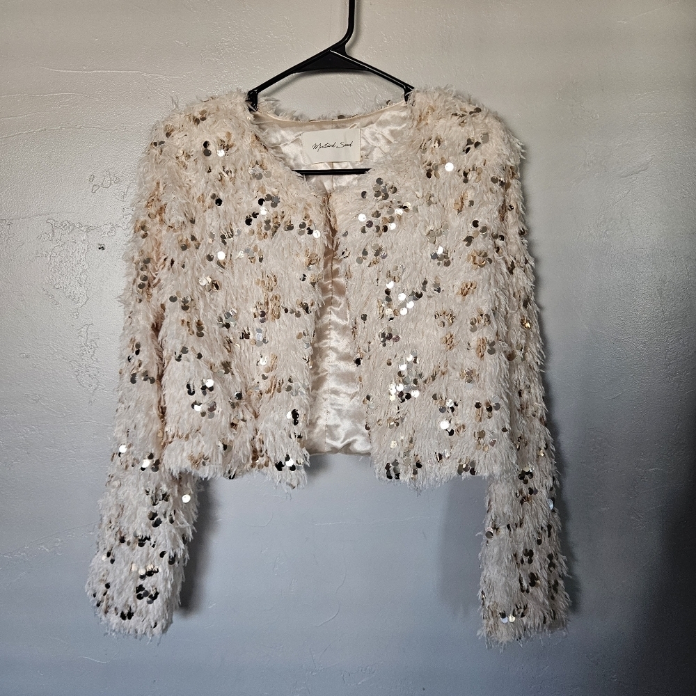 Mustard Seed Women's Small Cream Faux Fur Sequin Jacket Rose Gold Holiday Party
